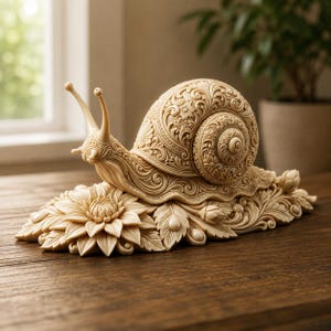 May include: A cream-coloured decorative snail figurine featuring intricate, embossed scrollwork and floral patterns across its shell and body. The snail is positioned atop a base sculpted to resemble a large, detailed flower with layered petals.