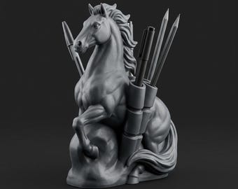Pferd Stiftehalter STL Datei für 3D Druck, Elegante Schreibtisch Organizer, Aufzucht Pferd Bleistiftbecher Skulptur, Aufzucht Pferd Statue