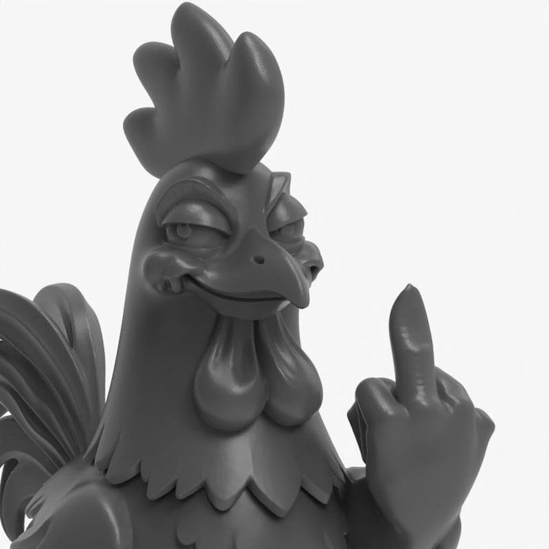 May include: A grayscale figurine of a rooster with a smug expression, giving the middle finger. The rooster has a large comb and wattle, with detailed feathering. The background is plain white.