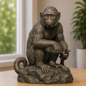 May include: A bronze-toned sculpture of a seated monkey with detailed fur texture, resting on a jagged rock base. The monkey is positioned in a crouched posture, holding a small branch in one hand, with its tail curled upward behind it.