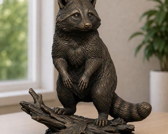 May include: A bronze-toned raccoon figurine standing upright on a textured log base. The sculpture features detailed fur texture, a characteristic masked face, and a ringed tail, with a single oak leaf sculpted onto the surface of the log base.