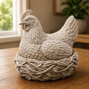 Op de afbeelding: Een lichtbeige, gebeeldhouwd beeldje van een kip die in een nest zit. De kip heeft gedetailleerde, gelaagde verenstructuren, een kam en lellen. Het nest is vormgegeven met een gevlochten, takachtig uiterlijk en kleine bladaccenten rondom.