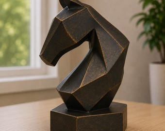 May include: A dark bronze-colored horse head sculpture featuring a geometric, faceted design. The statue is mounted on a solid hexagonal base and displays a weathered, metallic finish with visible highlights along the sharp, angular edges.