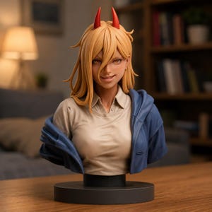 May include: A bust figurine of a character with long blonde hair, two red horns, and amber eyes. The character wears a beige collared shirt under a blue jacket draped over the shoulders. The figure is mounted on a circular black base.
