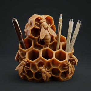 May include: A detailed, wooden desk organizer shaped like a honeycomb, featuring carved bees and holding pens and pencils. The organizer is a warm, honey-colored hue, with a pen and pencils in the slots. The design is intricate and nature-inspired.
