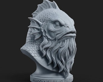 Meerman buste STL-bestand, Poseidon Guard sculptuur, Fishman Warrior 3D-print, mythisch zeedier, fantasiebuste STL, oceaandecor