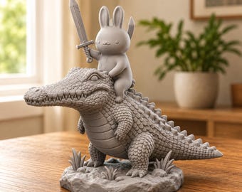 May include: A monochromatic gray figurine depicting a small rabbit holding a sword while riding on the back of a large crocodile. The sculpture is set on a textured, rocky base with small plant details, featuring intricate scale textures on the crocodile.