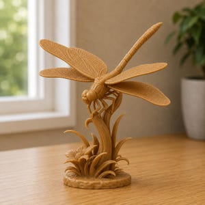May include: A monochromatic tan sculpture of a dragonfly perched atop a textured plant stem. The insect features detailed wings with visible vein patterns, a segmented body, and six legs. The base includes a small flower and grass blades.