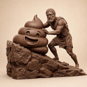 Op de afbeelding: Een bruine sculptuur die een gespierde man afbeeldt die een grote, lachende poep-emoji een rotsachtige helling opduwt. Het beeld is een humoristische kijk op een klassiek thema, met de man in een toga-achtig kledingstuk.