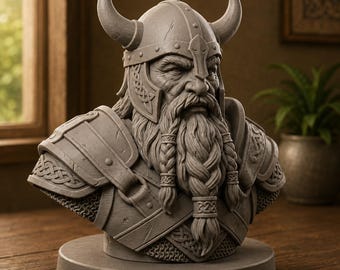 May include: A gray monochromatic bust of a bearded warrior wearing a horned helmet and detailed plate armor. The figure features a long, braided beard, stern facial expressions, and intricate knotwork patterns etched into the shoulder armor.