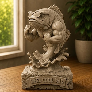May include: A light brown monochromatic sculpture of a muscular fish wearing sunglasses, flexing its arms while emerging from a splash of water. The base is textured like wood and features a banner with the embossed text REEL COOL DAD.