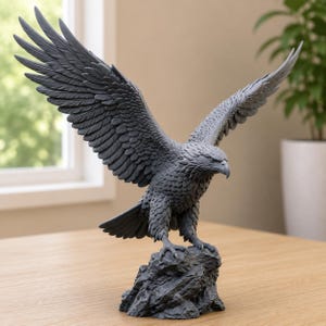 May include: A dark gray eagle sculpture with wings fully extended in a soaring position. The bird is perched atop a textured, jagged rock formation. The detailed feathers are clearly defined across the wings, body, and tail of the eagle.