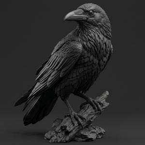 Puede incluir: Una escultura de color negro mate de un cuervo posado sobre una rama de &aacute;rbol texturizada. El ave se muestra de perfil con texturas de plumas detalladas, un pico afilado y una mirada enfocada. La figura tiene un tono gris carb&oacute;n uniforme.