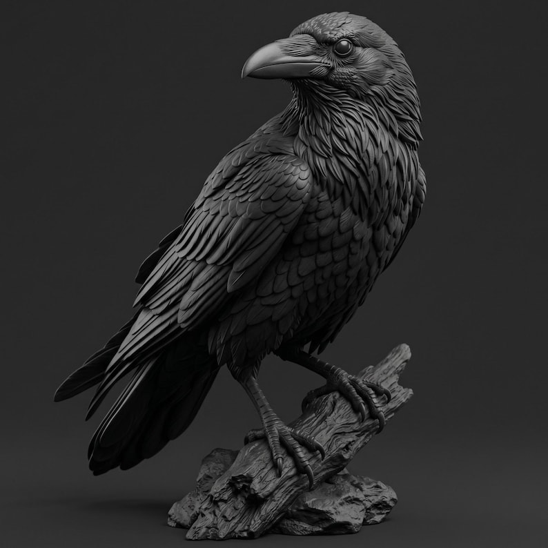 Puede incluir: Una escultura de color negro mate de un cuervo posado sobre una rama de &aacute;rbol texturizada. El ave se muestra de perfil con texturas de plumas detalladas, un pico afilado y una mirada enfocada. La figura tiene un tono gris carb&oacute;n uniforme.