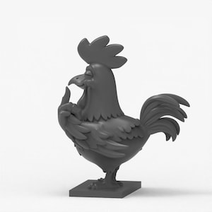 May include: A gray rooster figurine with a playful expression, giving a thumbs-up gesture. The rooster stands on a square base, its feathers and comb detailed. The sculpture is a whimsical representation of a farm animal.