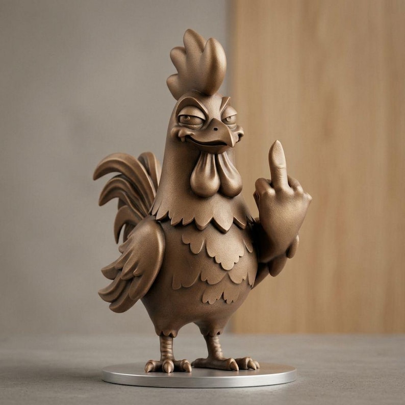 May include: A bronze-colored rooster statue with a defiant gesture. The sculpture features a detailed depiction of a rooster with its middle finger raised. The statue is mounted on a round, silver-colored base.
