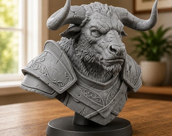 May include: A gray bust of a minotaur featuring a detailed bull head with large curved horns and textured fur. The figure wears ornate shoulder and chest armor with engraved scrollwork patterns. The sculpture is mounted on a circular black base.