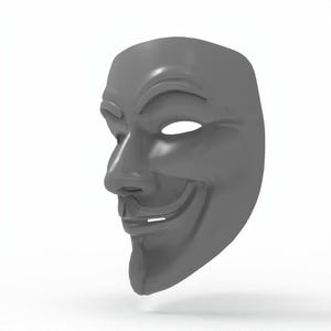 May include: A gray plastic mask with a smiling face, featuring a prominent nose, a curved mustache, and an oval eye opening. The mask is a side profile view, set against a white background.