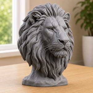 Könnte beinhalten: Eine graue Löwenkopfskulptur mit detaillierten, fließenden Mähnenstrukturen, realistischen Gesichtszügen und einem fokussierten Ausdruck. Die Büste ist mit komplexen Fellmustern und einem glatten, soliden Sockel gestaltet.