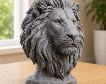 May include: A gray lion head sculpture featuring detailed, flowing mane textures, realistic facial features, and a focused expression. The bust is crafted with intricate fur patterns and a smooth, solid base, capturing the majestic appearance of a lion.