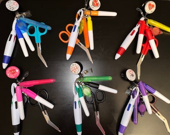 Badge Reel Keychains, Trauma Shears, Pen Light, Sharpie, Highlighter, Dry Erase Marker, Nurse, Nursing Student, Hospital Employee, CNA, Pens