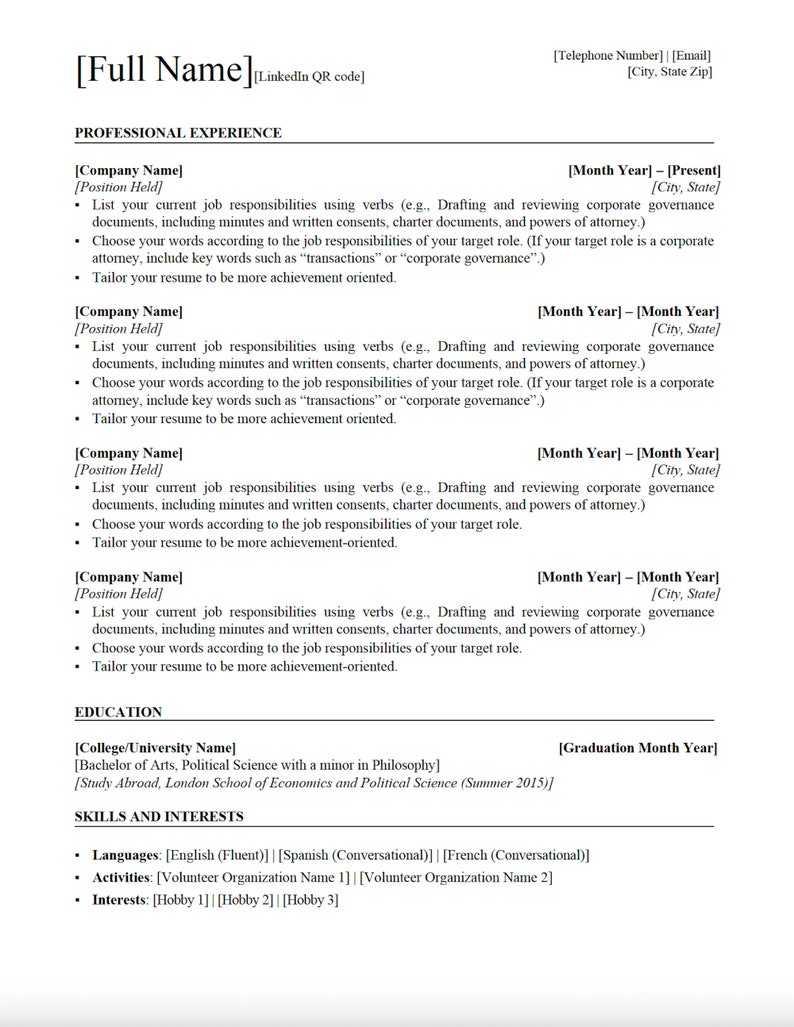 Big Law Legal Resume Template Etsy