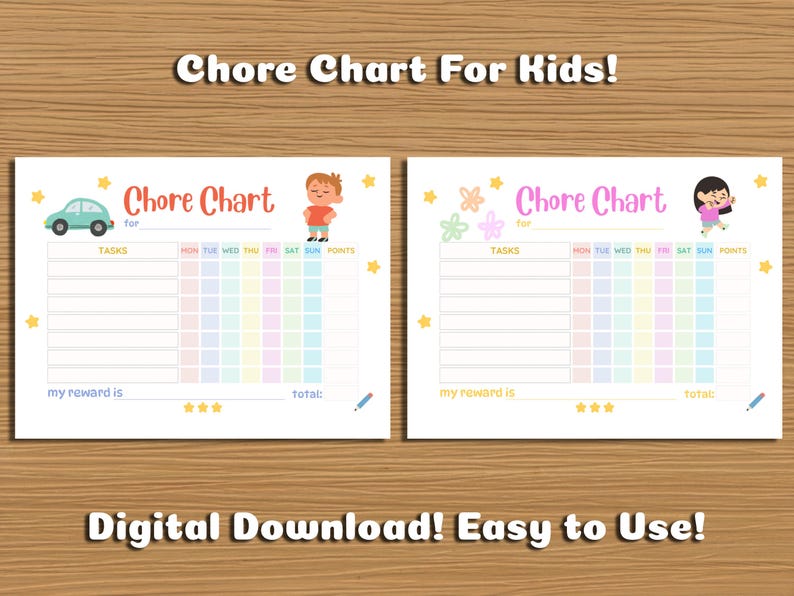Printable Kids Chore Chart | Boy & Girl Versions | Customizable Reward ...