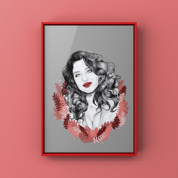 Black and white, Art/ gallery print, digital-drawn ecofriendly illustration. Inspired by Kat dennings.