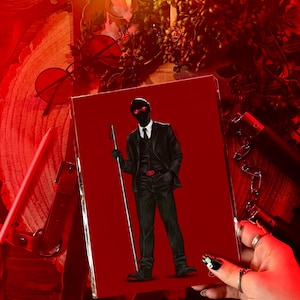 May include: A black and white illustration of a person wearing a black suit and red eyes, holding a long white staff. The illustration is on a red background.
