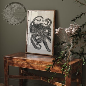 handmade original print one of a kind octopus hand printed and carved minimalist intaglio lino print wall art home decor. Illustration