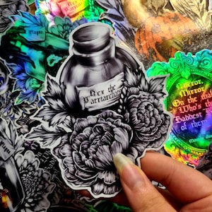 Mágico, brujo, botellas de pociones, hex el patriarcado, tormentas, luna, corazón, plauge, lindo, dibujos animados, arte, brillo ilustrado, holográfico, imán