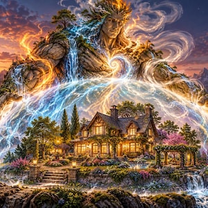 Può includere: Un'illustrazione digitale di un grande spirito della natura etereo con capelli fluenti ed energia radiante, che protegge una casa accogliente e un giardino sotto una cupola di energia blu traslucida davanti a montagne e un cielo al tramonto.