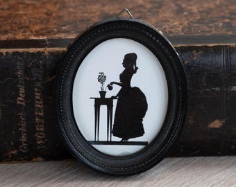 Vintage Victorian Silhouette Portrait, Oval Framed Collectible Wall Art, Black White Cameo Style Picture