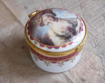 Vintage Porcelain Pill Box, Burgundy Victorian Lady Portrait Trinket Box, Coquette Gold Trim Ring Holder, Small Oval Vanity Jewelry Case