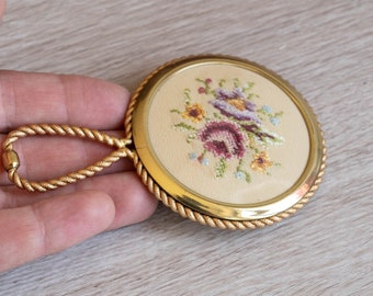 Elegant vintage brass hand held mirror with micro embroidery - Petit Point vanity decor