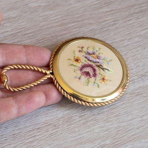 Elegant vintage brass hand held mirror with micro embroidery - Petit Point vanity decor