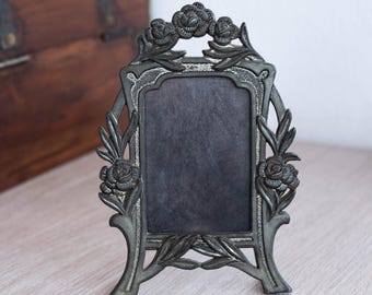 Vintage Metal Floral Photo Frame, Ornate Rose Picture Holder, Aged Patina Victorian Tabletop Easel Frame, Romantic Housewarming Gift Decor