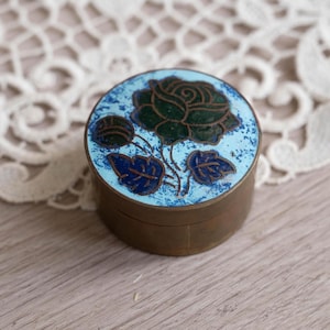 Cloisonne pill box Vintage brass pill holder Tiny enamel trinket box