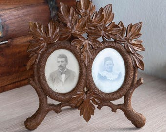Antique Carved Wood Double Photo Frame, Black Forest Adirondack Leaf Motif Picture Holder, Rustic Vintage Folk Art Tabletop Cabin Home Decor