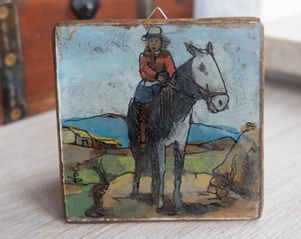 Vintage German Reverse Glass Painting, Rustic Country Folk Art Tile, Farmhouse Cottage Wall Decor