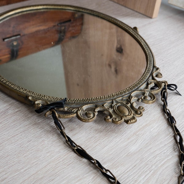 Brass boho mirror Vintage ornate oval wall mirror Victorian room decor Hanging mirror with chain