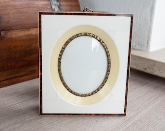 Vintage White Oval Mat Picture Frame, Convex Glass Cream Gold Wall Frame, Mid-Century Decor