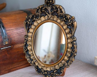 Ornate Black Gold Victorian Wax Art Wall Mirror, Vintage Baroque Oval Vanity Mirror