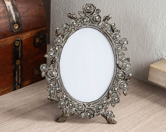Vintage Ornate Rose Filigree Metal Picture Frame, Baroque Floral Crystal Photo Frame