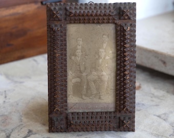 Tramp art Antique carved wood picture frame Victorian woman portrait framed