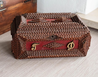 Tramp art box Antique carved wood memory box Keepsake chest Folk art