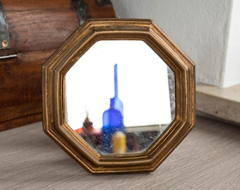 Vintage Gold Octagon Wall Mirror, Aged Wood Frame, Rustic Boho Vanity Mirror