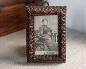 Tramp art Antique carved wood picture frame Victorian woman portrait framed