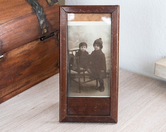 Antique Art Deco Wooden Picture Frame, Narrow Brown Tabletop Photo Frame, Small Vintage Desk Decor