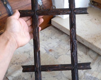 Antique Hand Carved Wood Picture Frame, Rustic Twig Criss Cross Photo Frame, Black Forest Adirondack Wall Cabin Home Decor
